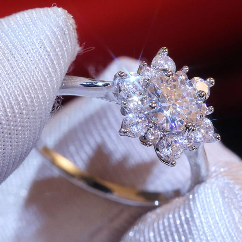 Sweet Round Flower Pure Zircon Thin Silver Dainty Ring for Women, VIP385 - Picture 3 of 6